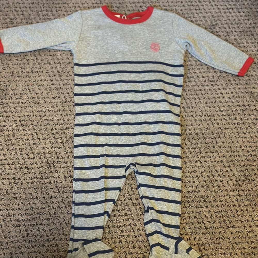 Petit Bateau Gray and Blue Striped Onesie with Red Trim